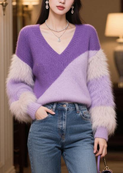 Casual Purple V Neck Patchwork Faux Fur Short Sweater Winter