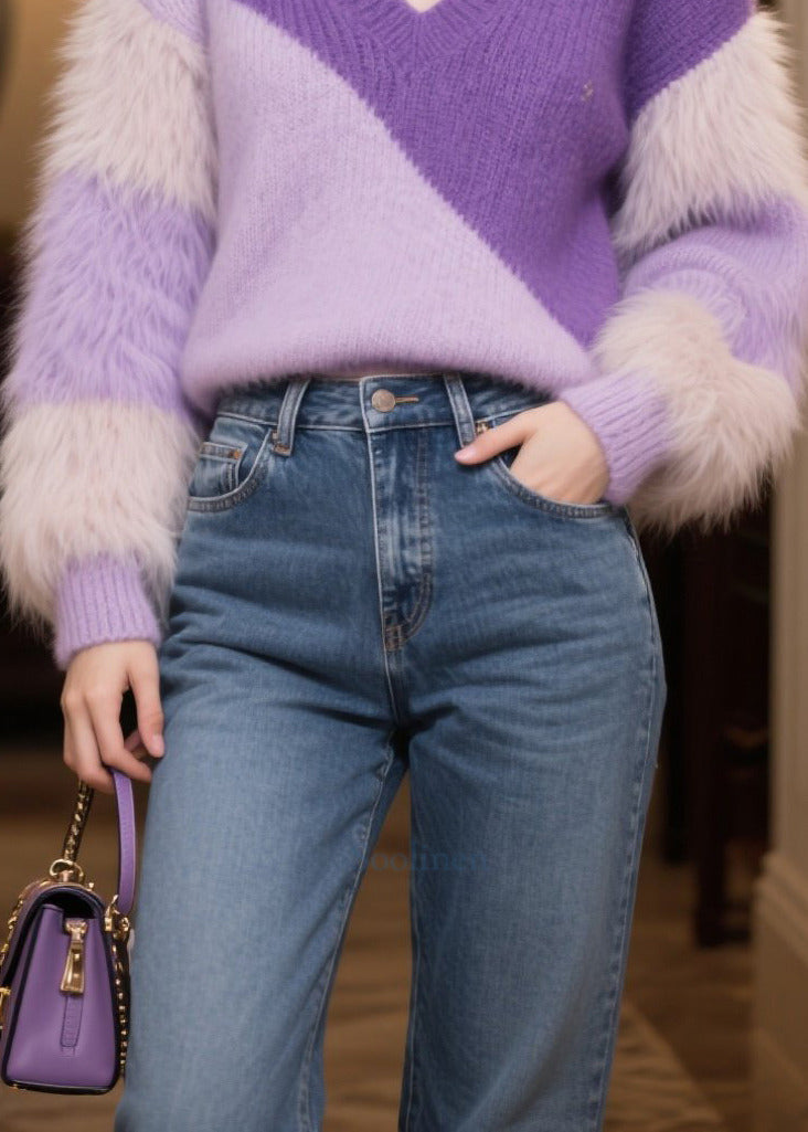 Casual Purple V Neck Patchwork Faux Fur Short Sweater Winter