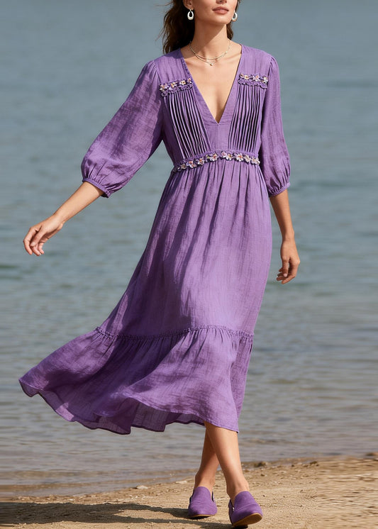 Casual Purple V Neck Wrinkled Floral Patchwork Cotton Dress Summer