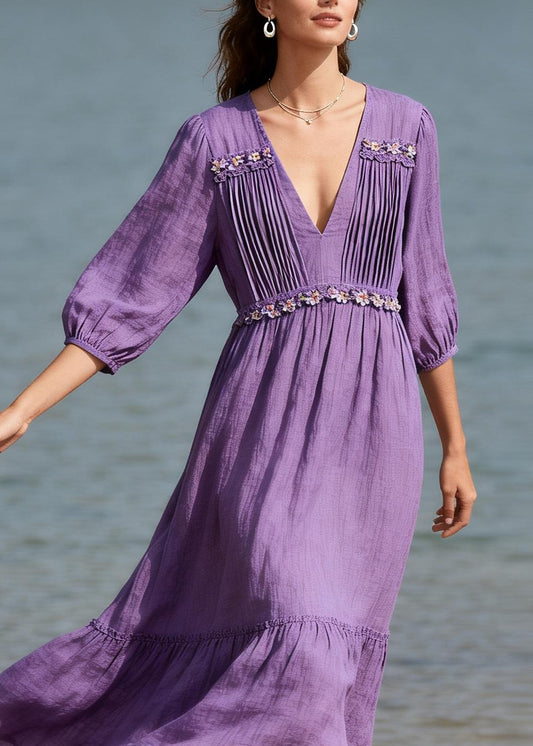 Casual Purple V Neck Wrinkled Floral Patchwork Cotton Dress Summer