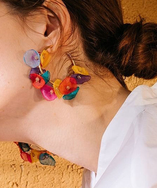 Casual Rainbow Copper Overgild Tulle Floral Hoop Earrings