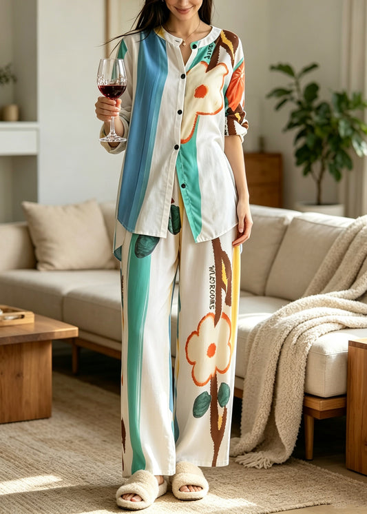 Casual Rainbow Print Button Pajamas Two Piece Set Long Sleeve