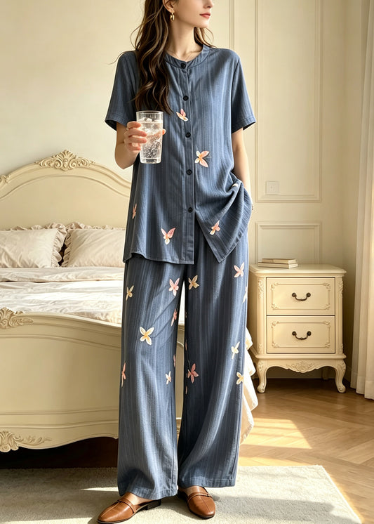 Casual Rainbow Print Button Pajamas Two Piece Set Long Sleeve
