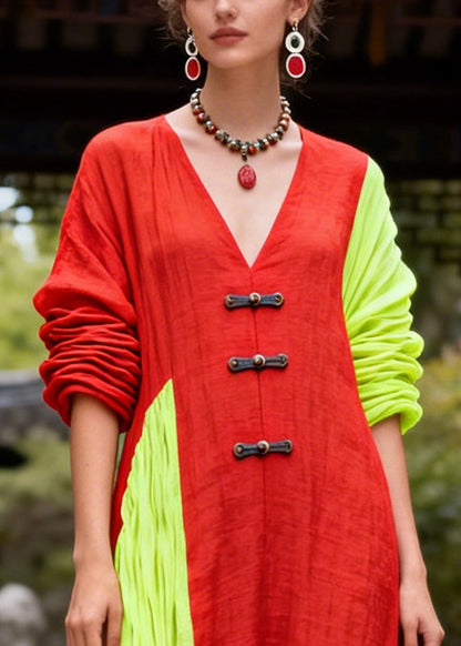 Casual Red Asymmetrical Patchwork Chinese Button Cotton Vacation Dresses Fall