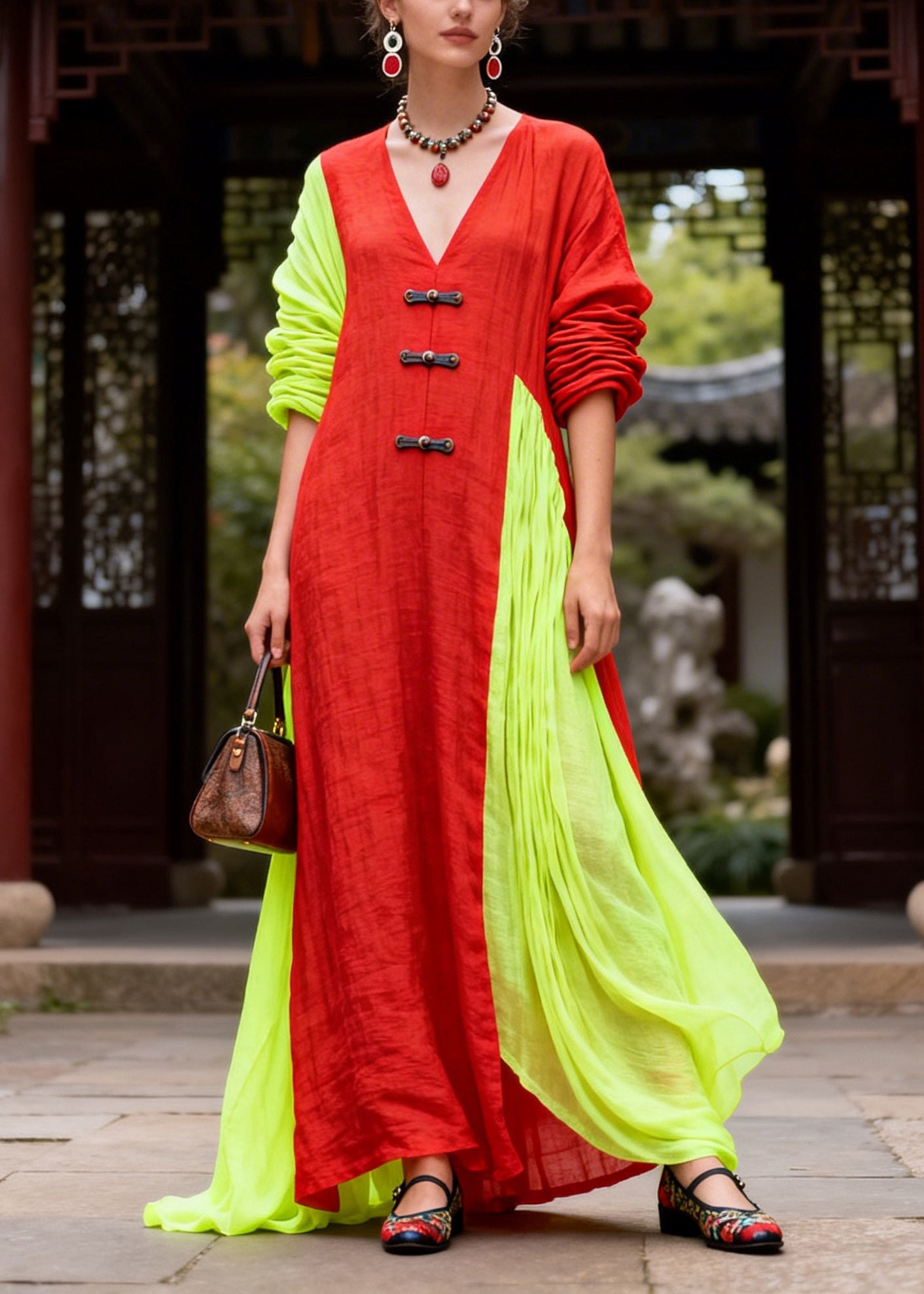Casual Red Asymmetrical Patchwork Chinese Button Cotton Vacation Dresses Fall
