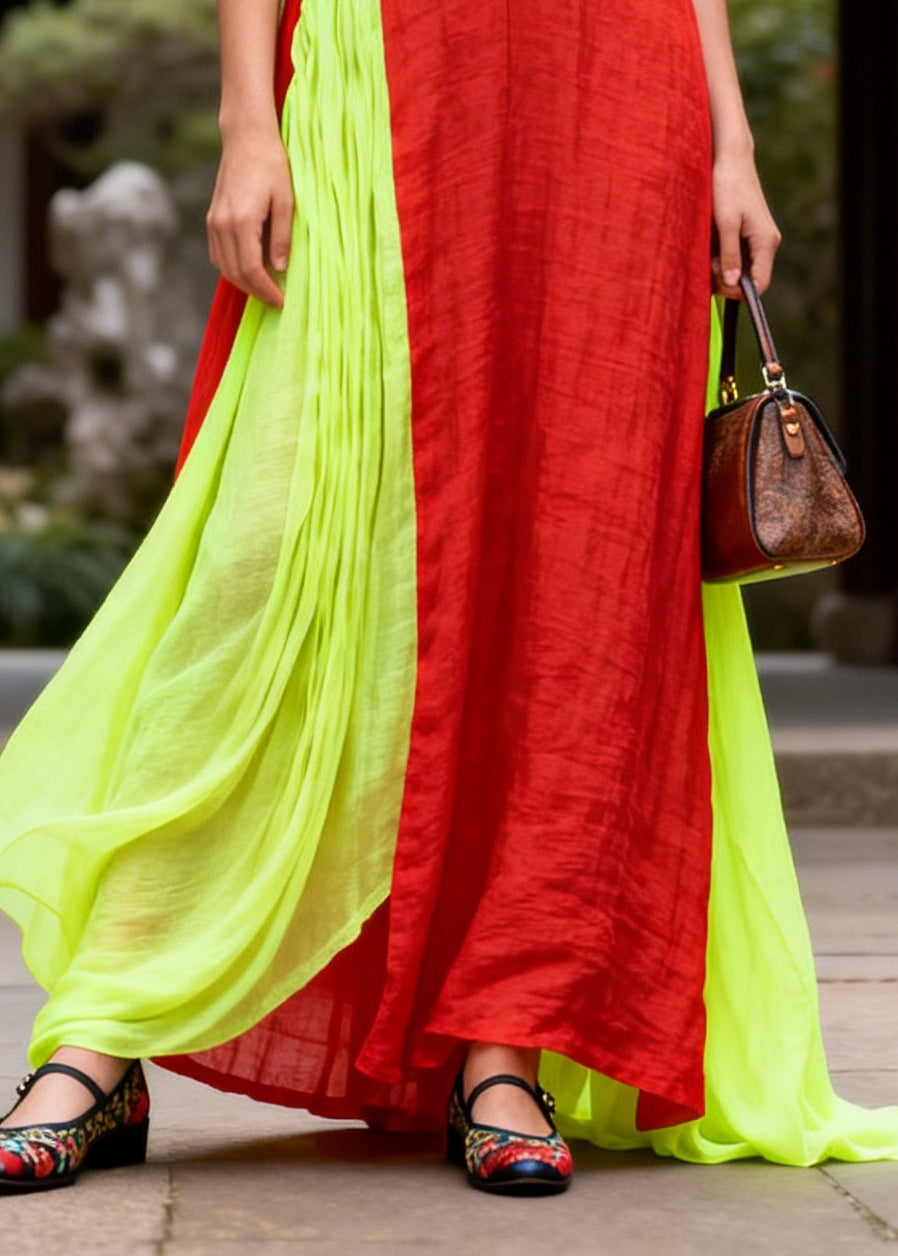Casual Red Asymmetrical Patchwork Chinese Button Cotton Vacation Dresses Fall