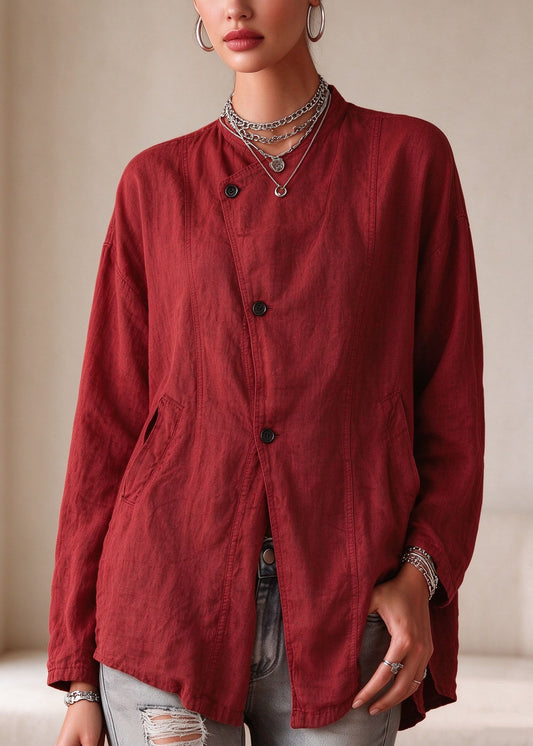 Casual Red Asymmetrical Pockets Double-Layer Linen Coats Long Sleeve