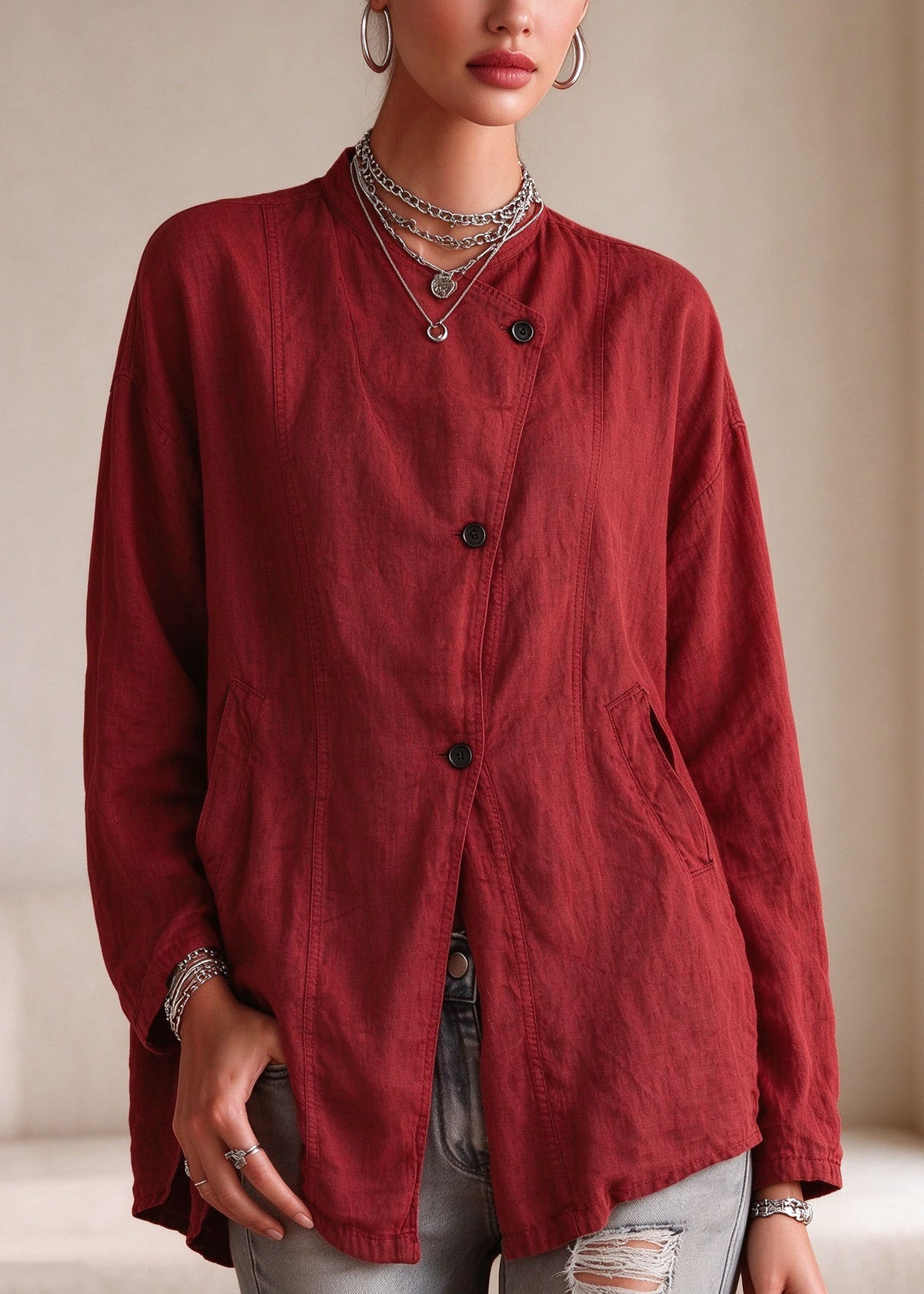Casual Red Asymmetrical Pockets Double-Layer Linen Coats Long Sleeve