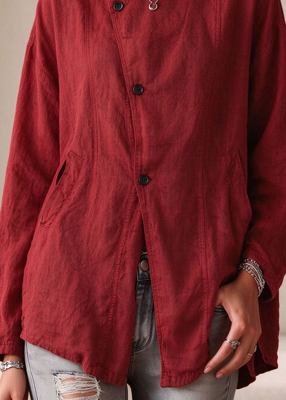 Casual Red Asymmetrical Pockets Double-Layer Linen Coats Long Sleeve