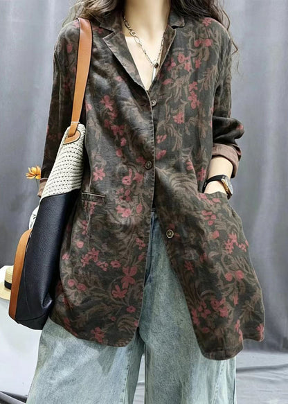 Casual Red Brown Notched Pockets Print Jacket Fall
