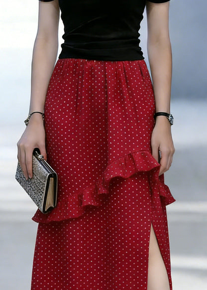 Casual Red Dot Print Ruffled Side Open Chiffon Skirt