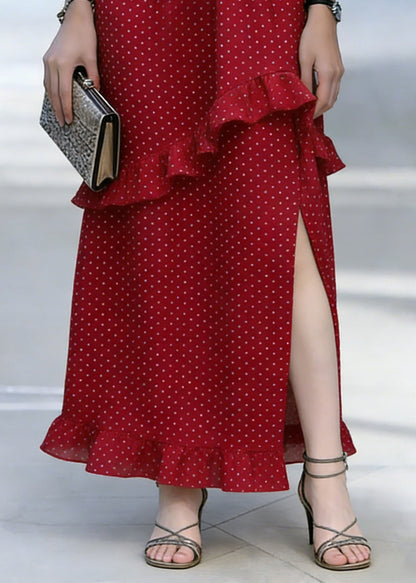 Casual Red Dot Print Ruffled Side Open Chiffon Skirt
