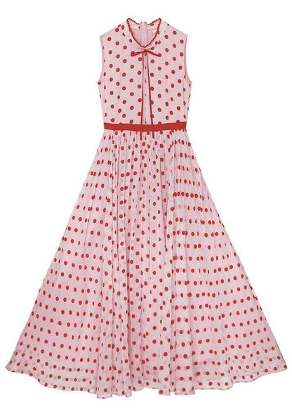 Casual Red Dot Stand Sleeveless Long Summer Chiffon Dress - SooLinen