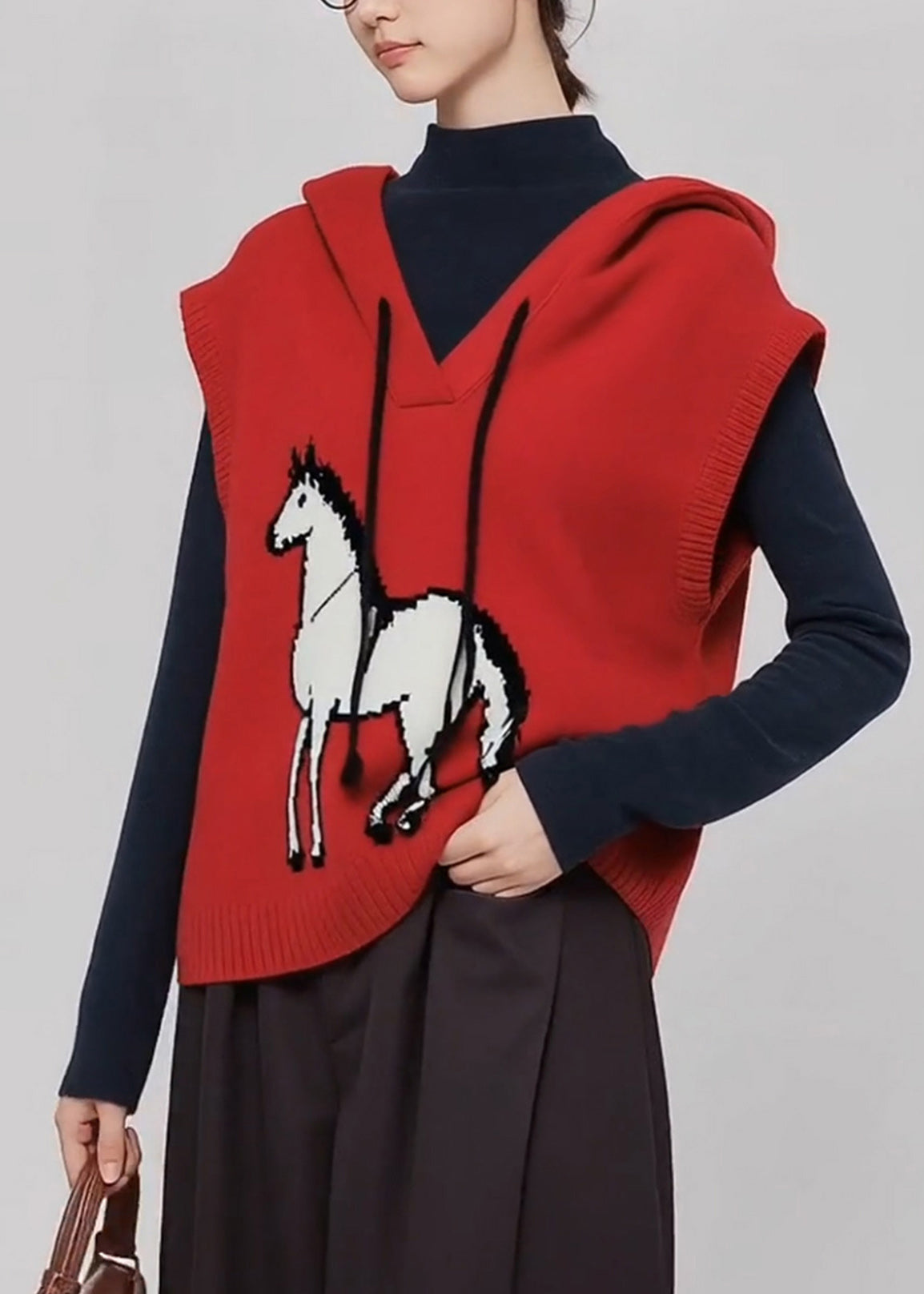 Casual Red Hooded Horse Knit Vests Winter