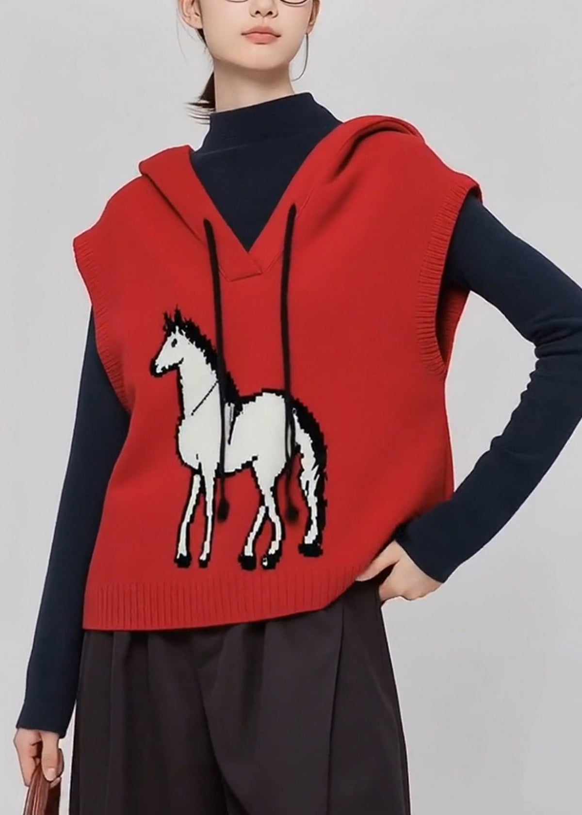 Casual Red Hooded Horse Knit Vests Winter