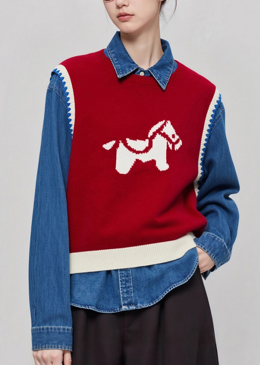 Casual Red O Neck Cartoon Print Knit Vest Sleeveless