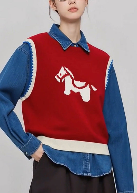 Casual Red O Neck Cartoon Print Knit Vest Sleeveless