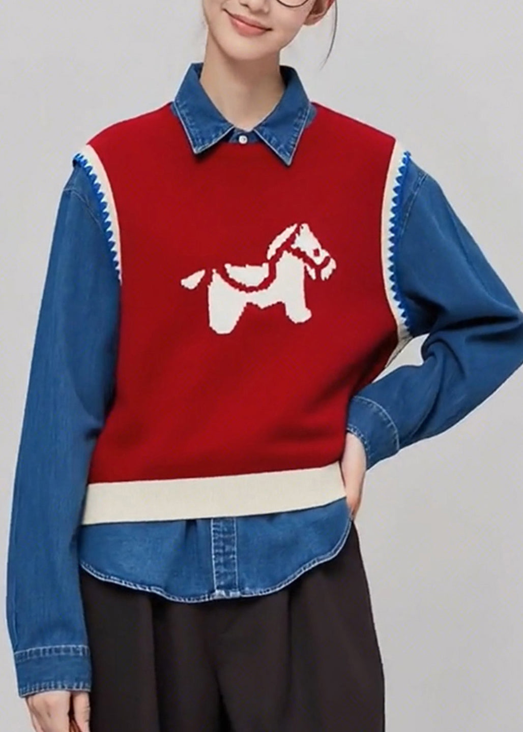 Casual Red O Neck Cartoon Print Knit Vest Sleeveless