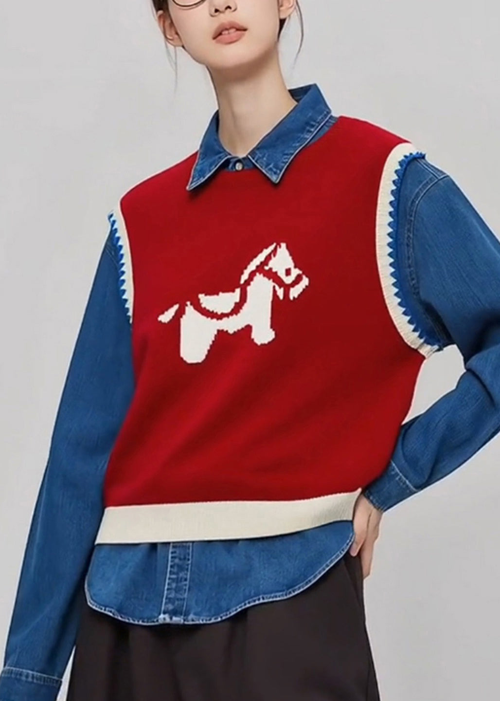 Casual Red O Neck Cartoon Print Knit Vest Sleeveless