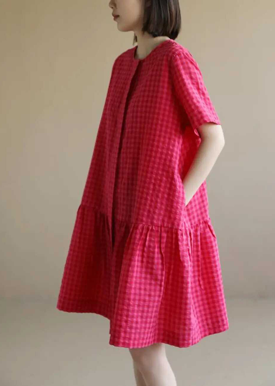 Casual Red O Neck Plaid Cotton Mid Dresses Summer