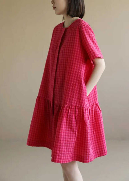 Casual Red O Neck Plaid Cotton Mid Dresses Summer