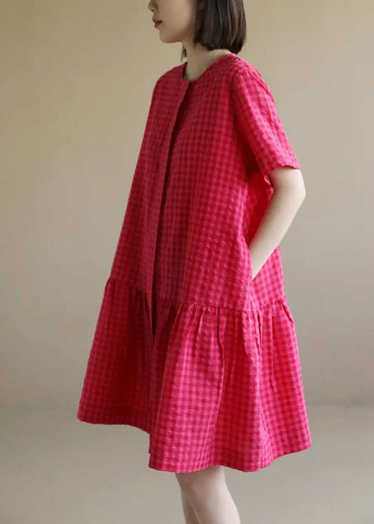 Casual Red O Neck Plaid Cotton Mid Dresses Summer