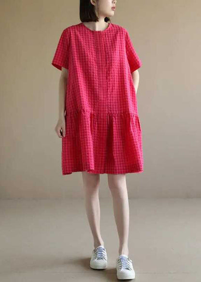Casual Red O Neck Plaid Cotton Mid Dresses Summer