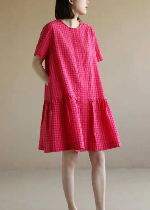 Casual Red O Neck Plaid Cotton Mid Dresses Summer