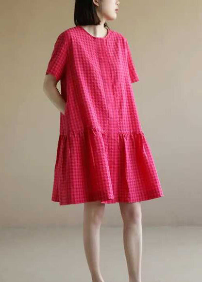 Casual Red O Neck Plaid Cotton Mid Dresses Summer