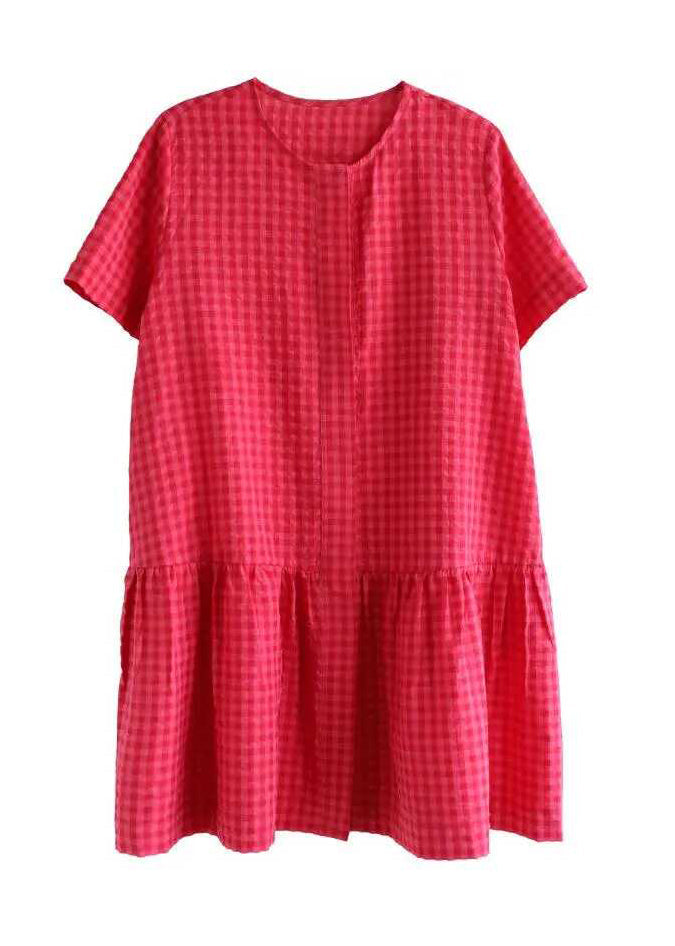 Casual Red O Neck Plaid Cotton Mid Dresses Summer