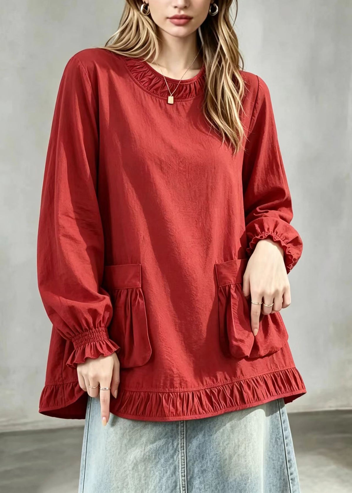 Casual Red O-Neck Pockets Blouses Long Sleeve