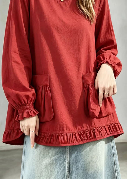 Casual Red O-Neck Pockets Blouses Long Sleeve