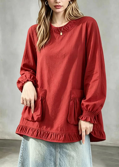 Casual Red O-Neck Pockets Blouses Long Sleeve