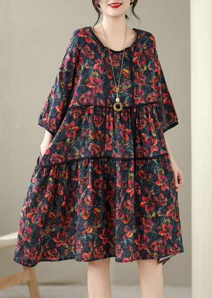 Casual Red O Neck Print Patchwork Cotton Mid Dress Summer
