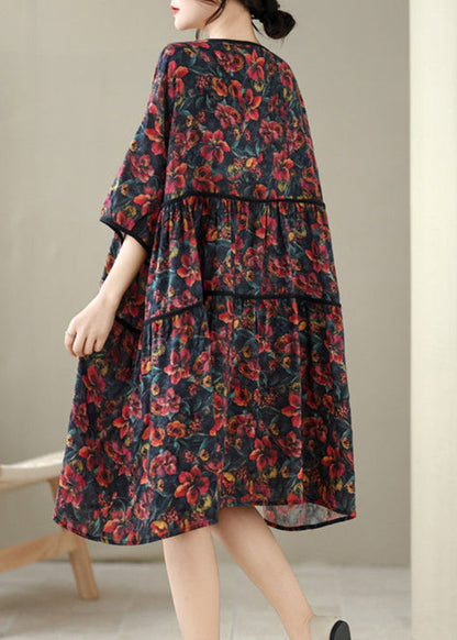 Casual Red O Neck Print Patchwork Cotton Mid Dress Summer