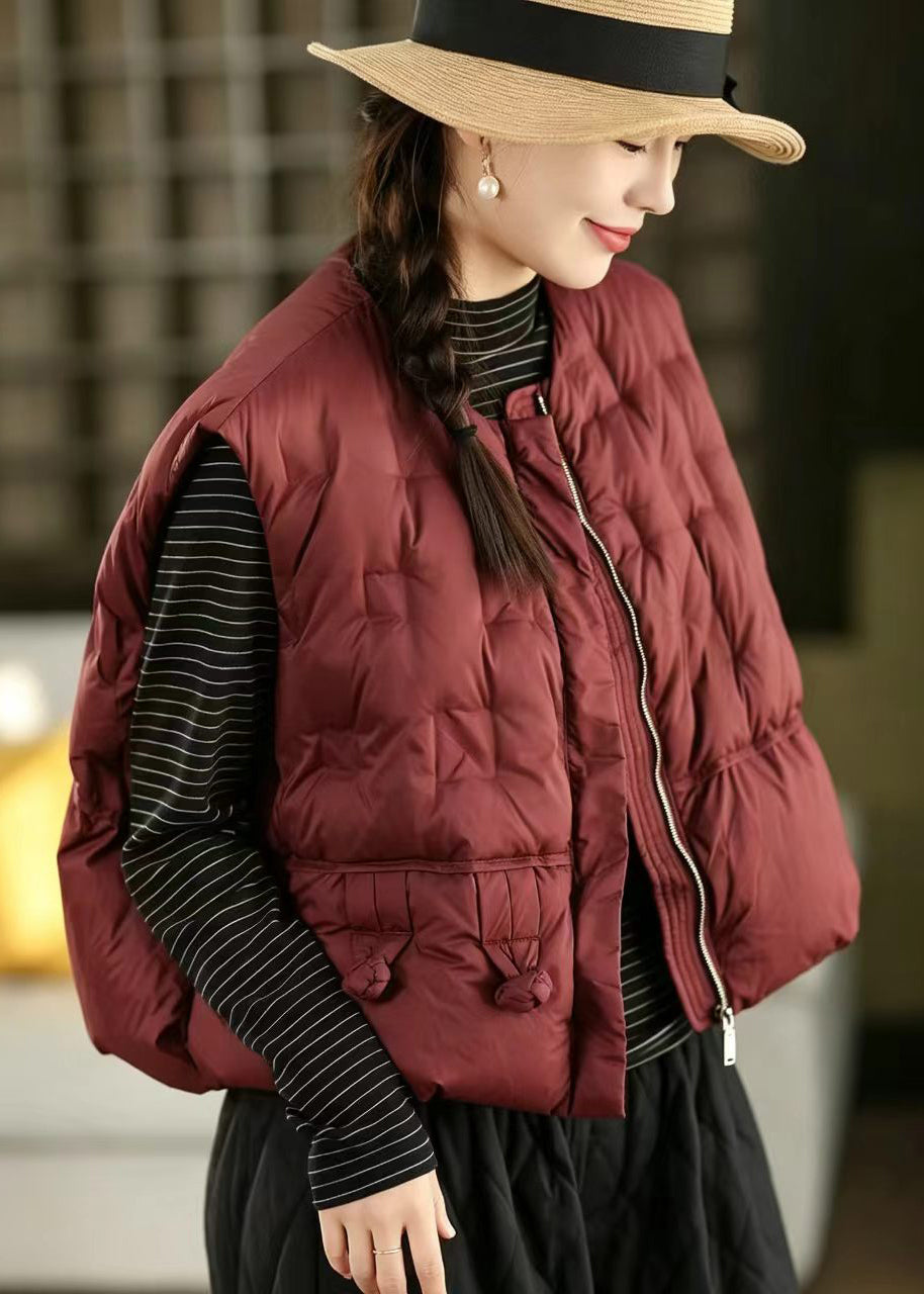 Casual Red O-Neck Zippered Cotton Filled Waistcoat Tops Winter