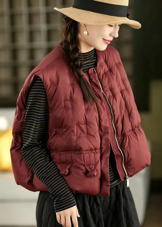 Casual Red O-Neck Zippered Cotton Filled Waistcoat Tops Winter