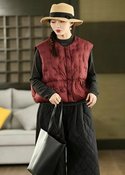 Casual Red O-Neck Zippered Cotton Filled Waistcoat Tops Winter