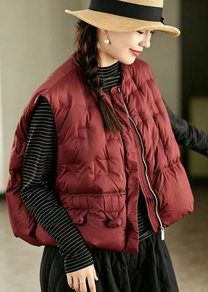 Casual Red O-Neck Zippered Cotton Filled Waistcoat Tops Winter