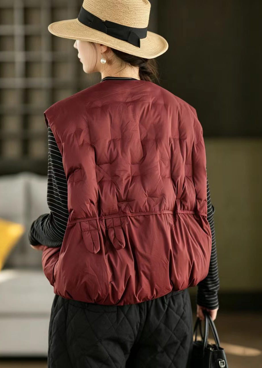Casual Red O-Neck Zippered Cotton Filled Waistcoat Tops Winter