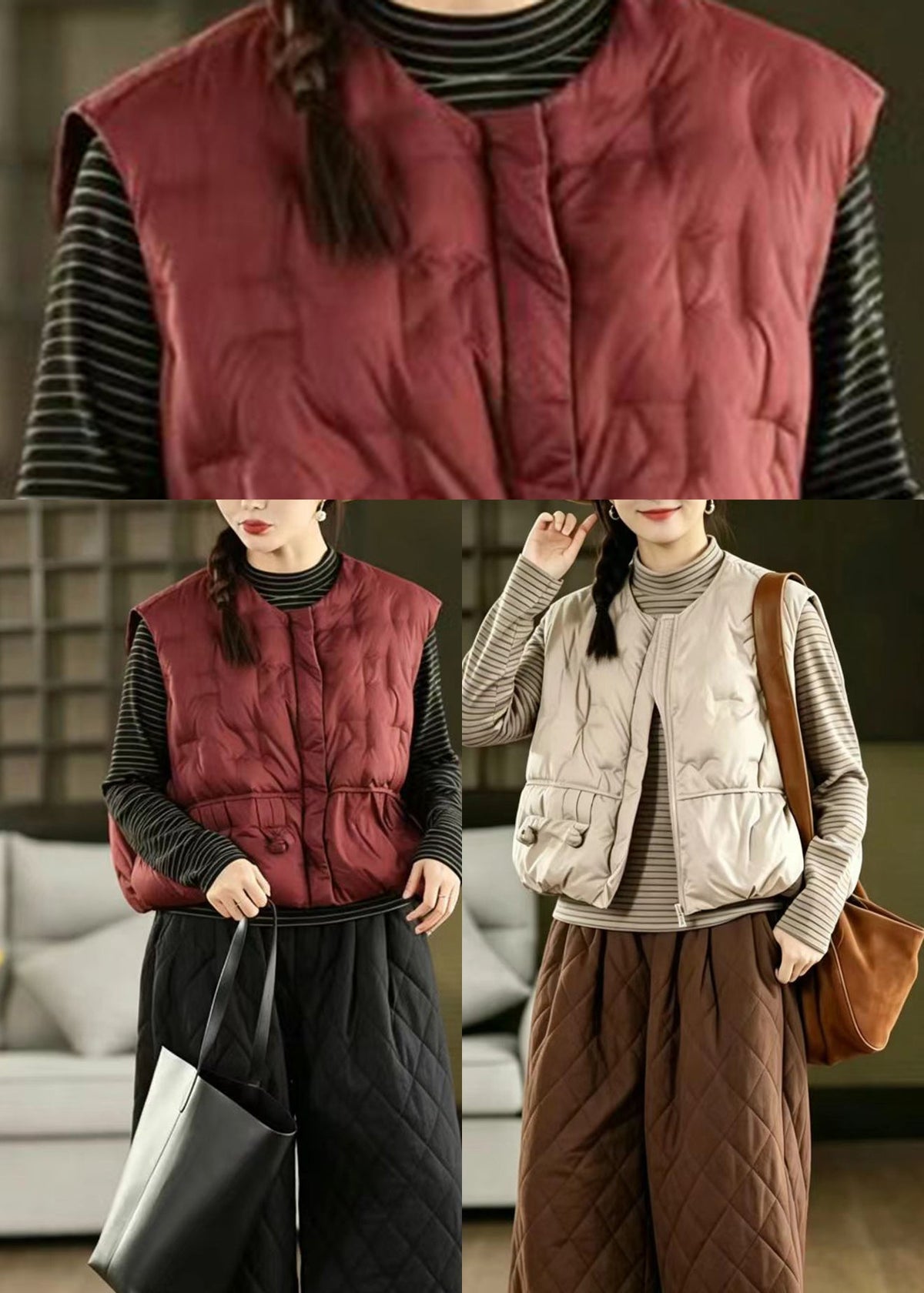 Casual Red O-Neck Zippered Cotton Filled Waistcoat Tops Winter