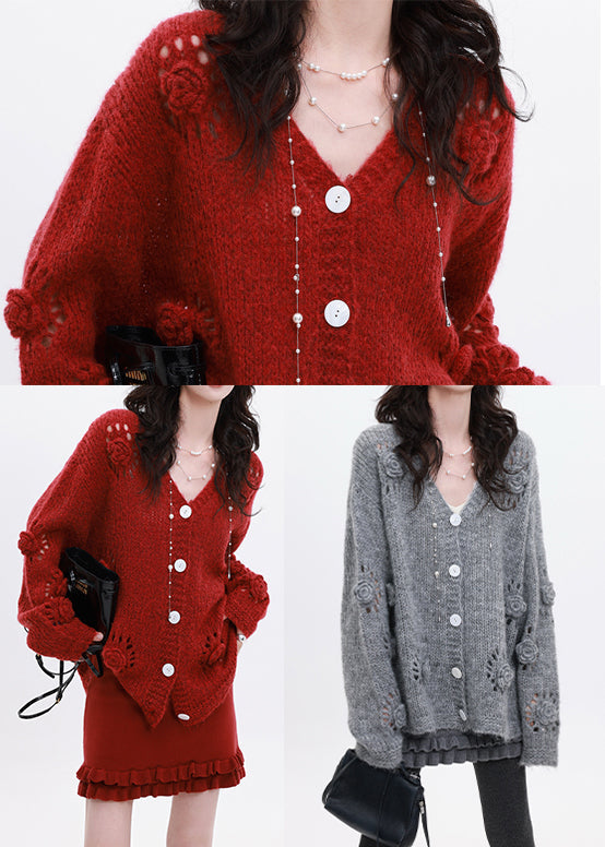 Casual Red Oversized Floral Decorated Knit Cardigan Winter