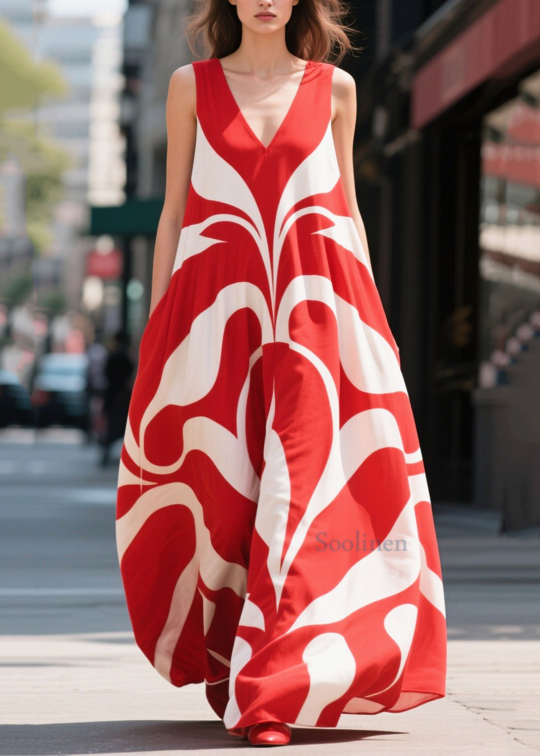 Casual Red Oversized Print Chiffon Holiday Dresses Summer