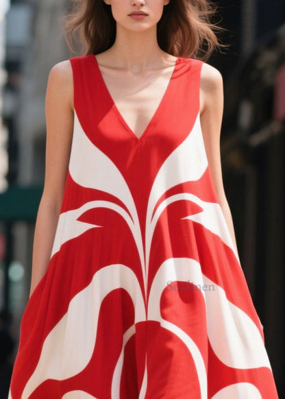 Casual Red Oversized Print Chiffon Holiday Dresses Summer