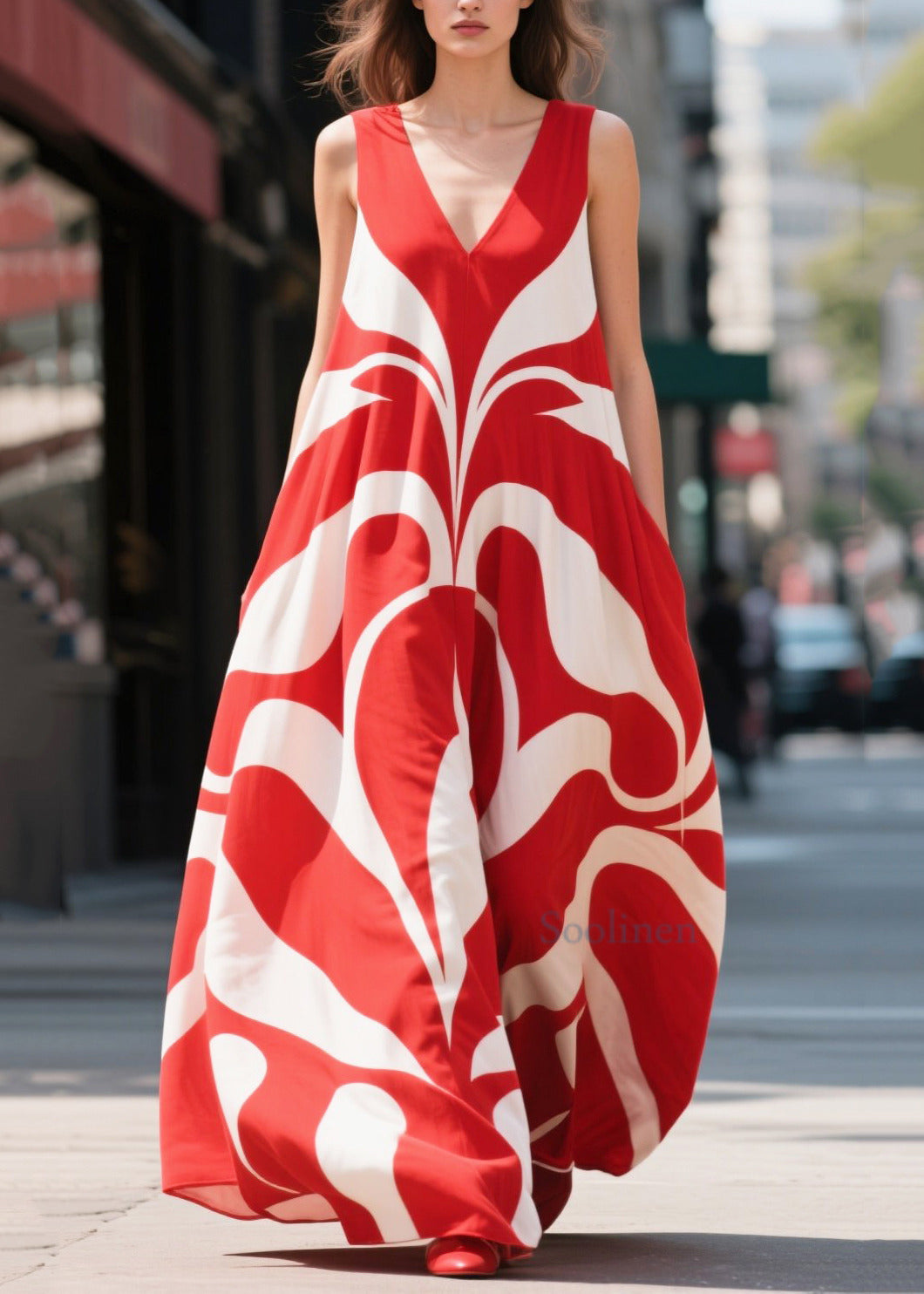 Casual Red Oversized Print Chiffon Holiday Dresses Summer