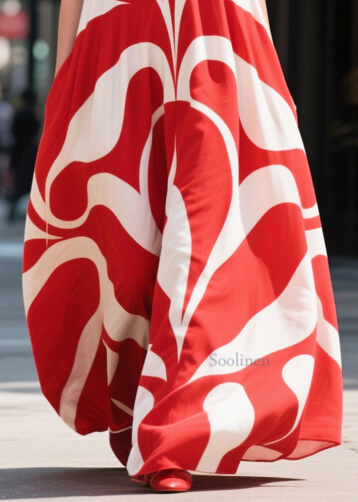Casual Red Oversized Print Chiffon Holiday Dresses Summer