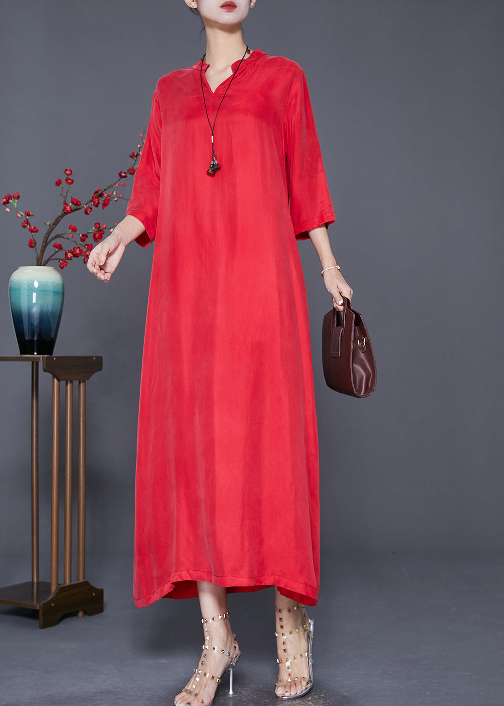 Casual Red Oversized Side Open Silk Dresses Bracelet Sleeve