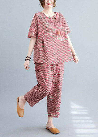 Casual Red Plaid Asymmetrical Pockets Top And Crop Pants Two Pieces Set Summer