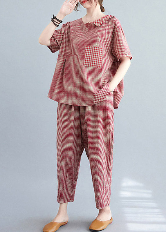 Casual Red Plaid Asymmetrical Pockets Top And Crop Pants Two Pieces Set Summer