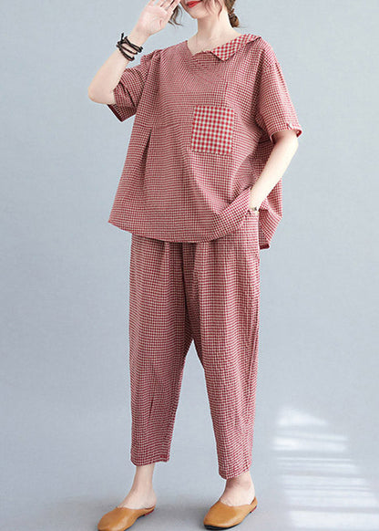 Casual Red Plaid Asymmetrical Pockets Top And Crop Pants Two Pieces Set Summer